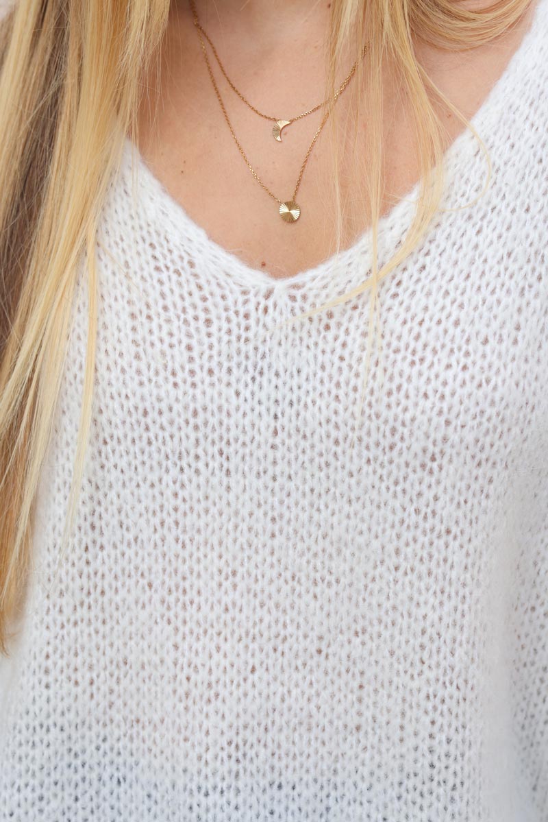 Pull ecru grosses mailles col V G342 (1)