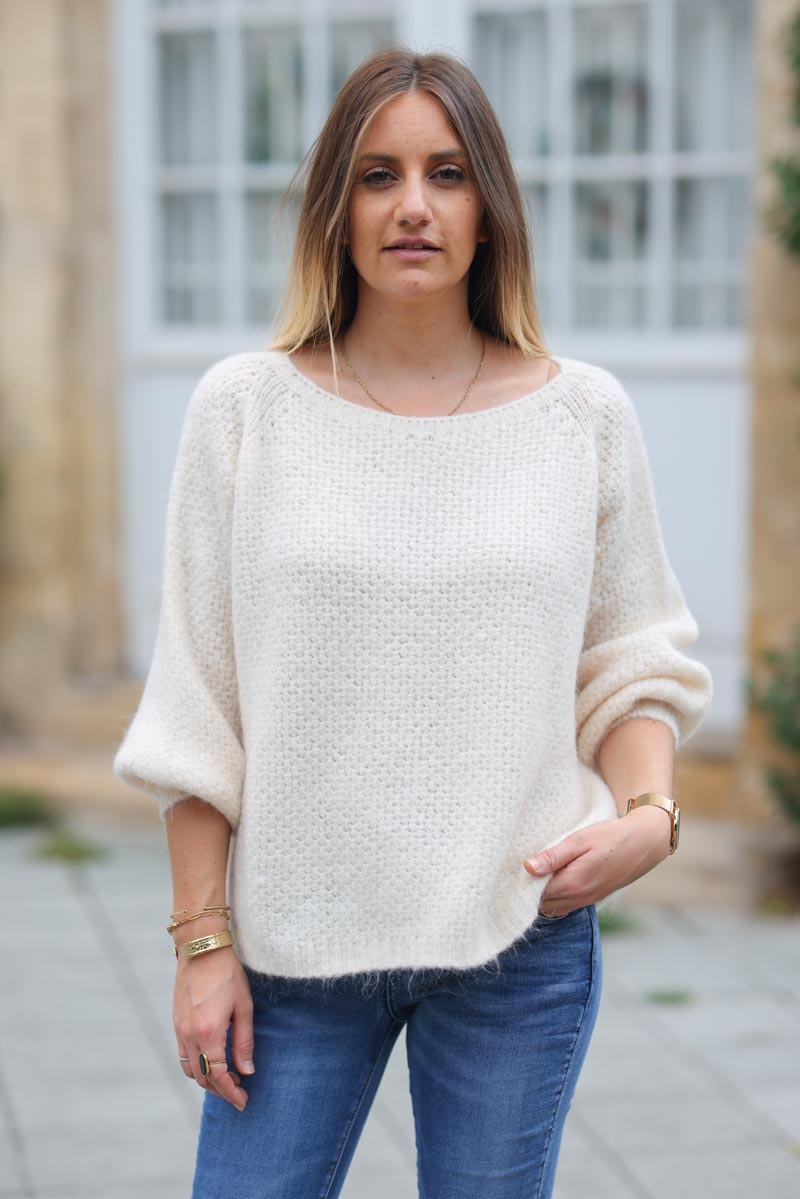 Pull ecru maille style nid d'abeille col bateau g400 (5)