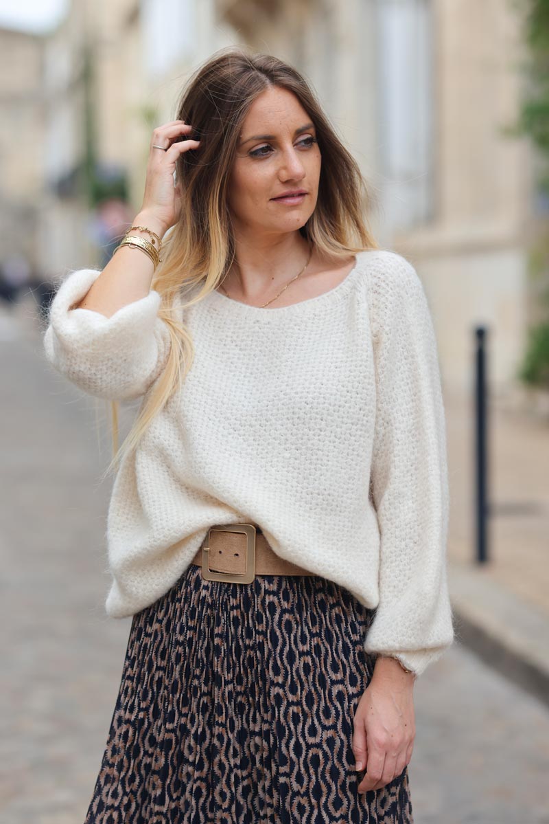 Pull ecru maille style nid d'abeille col bateau g400 (5)
