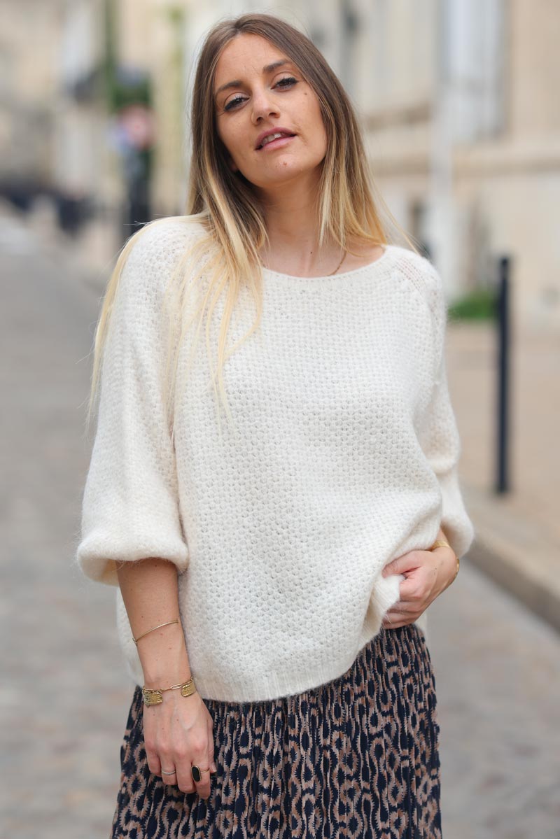 Pull ecru maille style nid d'abeille col bateau g400 (5)