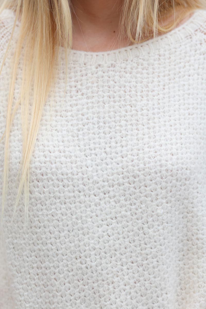 Pull ecru maille style nid d'abeille col bateau g400 (5)