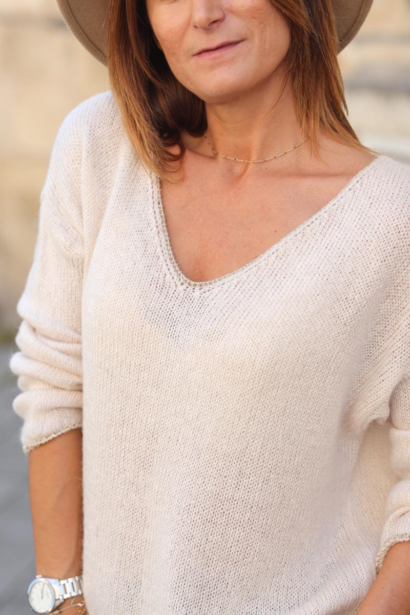 Pull ecru petite maille col v lisere brillant g388 (1)