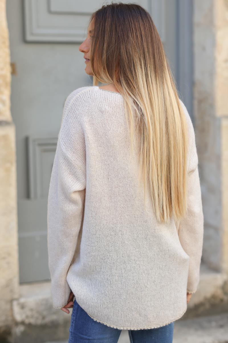 Pull ecru petite maille col v lisere brillant g388 (1)