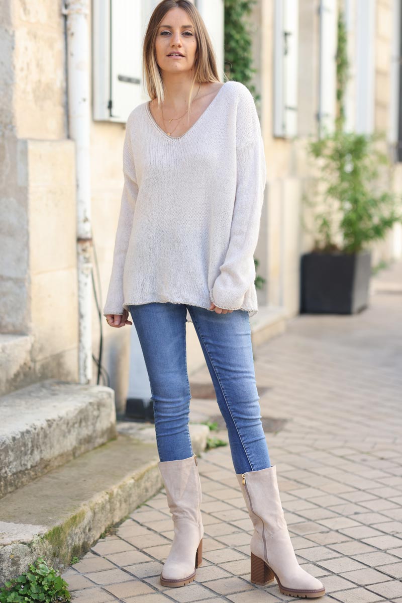 Pull ecru petite maille col v lisere brillant g388 (1)