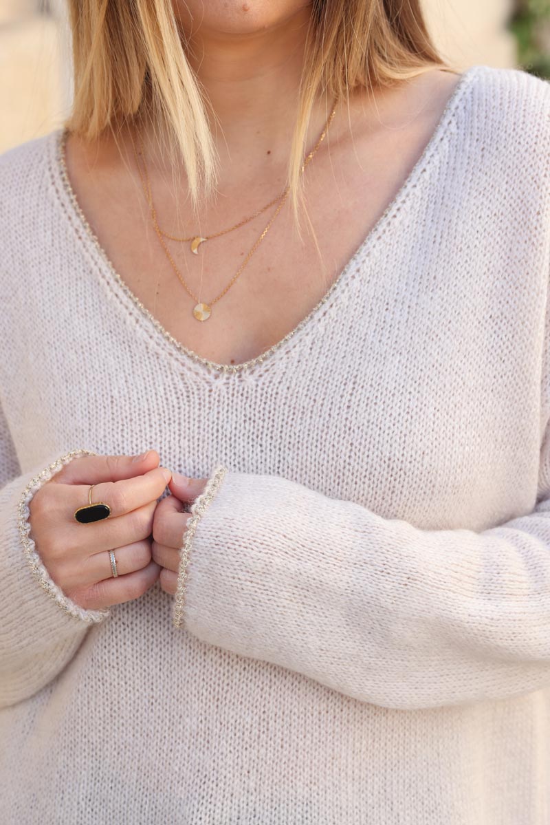 Pull ecru petite maille col v lisere brillant g388 (1)