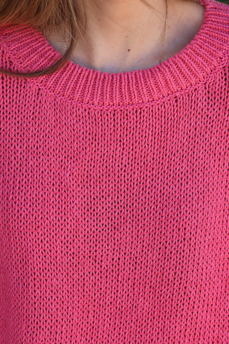 Jersey de punto grueso de algodón fucsia con manga murciélago y cuello redondo