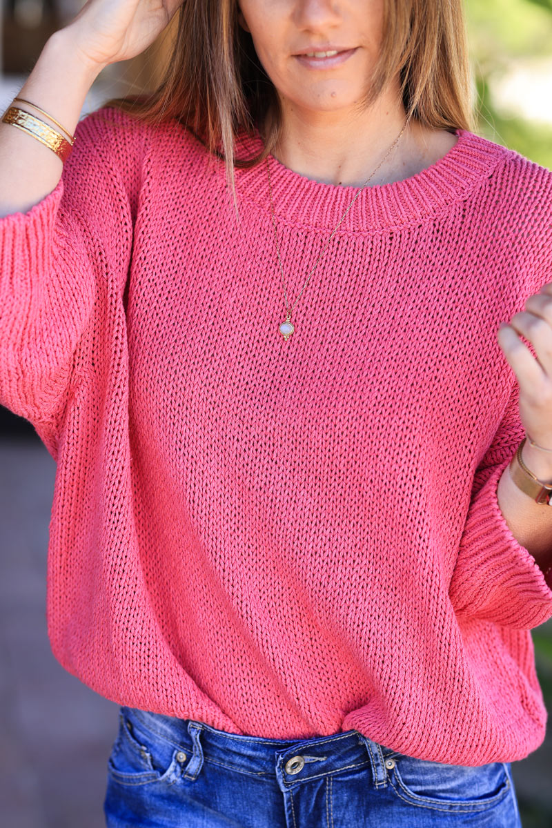 Jersey de punto grueso de algodón fucsia con manga murciélago y cuello redondo