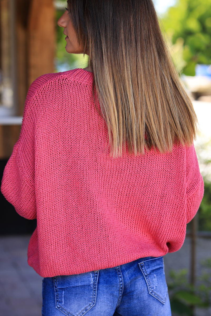 Jersey de punto grueso de algodón fucsia con manga murciélago y cuello redondo