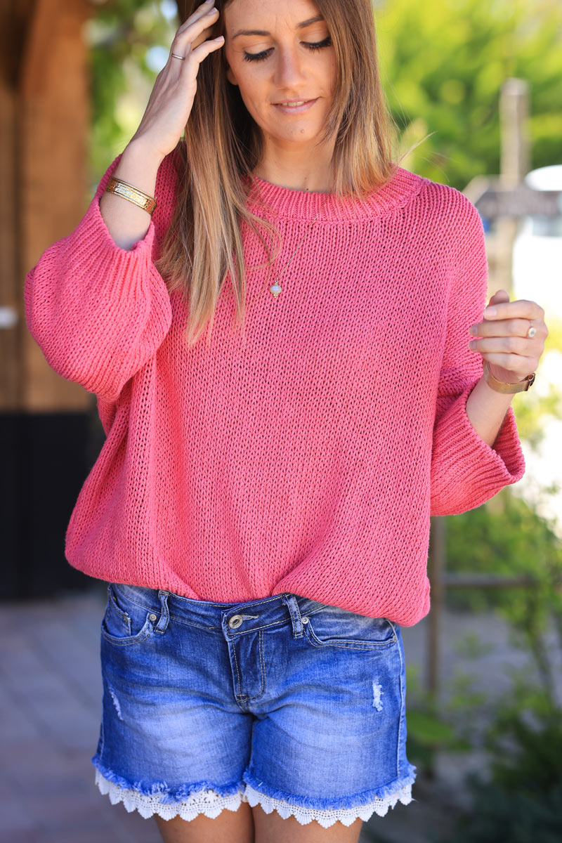 Jersey de punto grueso de algodón fucsia con manga murciélago y cuello redondo