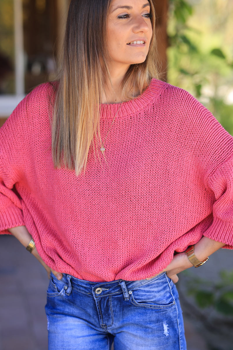 Jersey de punto grueso de algodón fucsia con manga murciélago y cuello redondo