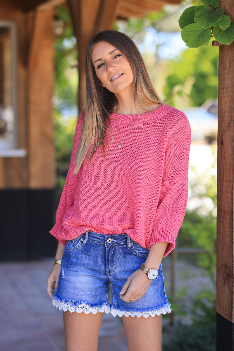 Jersey de punto grueso de algodón fucsia con manga murciélago y cuello redondo