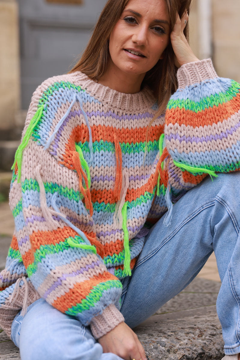 Taupe Chunky knit Sweater with Multicoloured Stripes and fringes Horizons Lointains