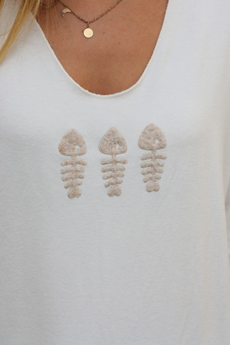 Pull en jersey doux blanc casse trio poissons bouclettes beige G303 (1)