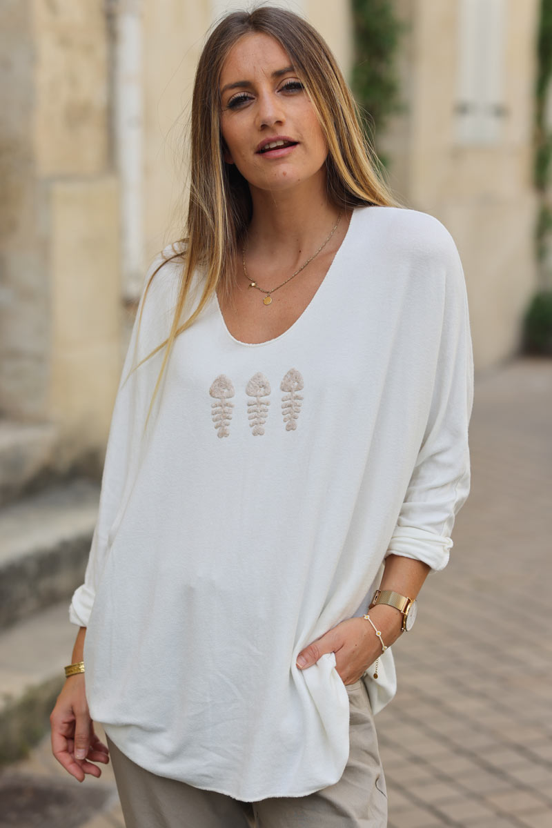 Pull en jersey doux blanc casse trio poissons bouclettes beige G303 (1)