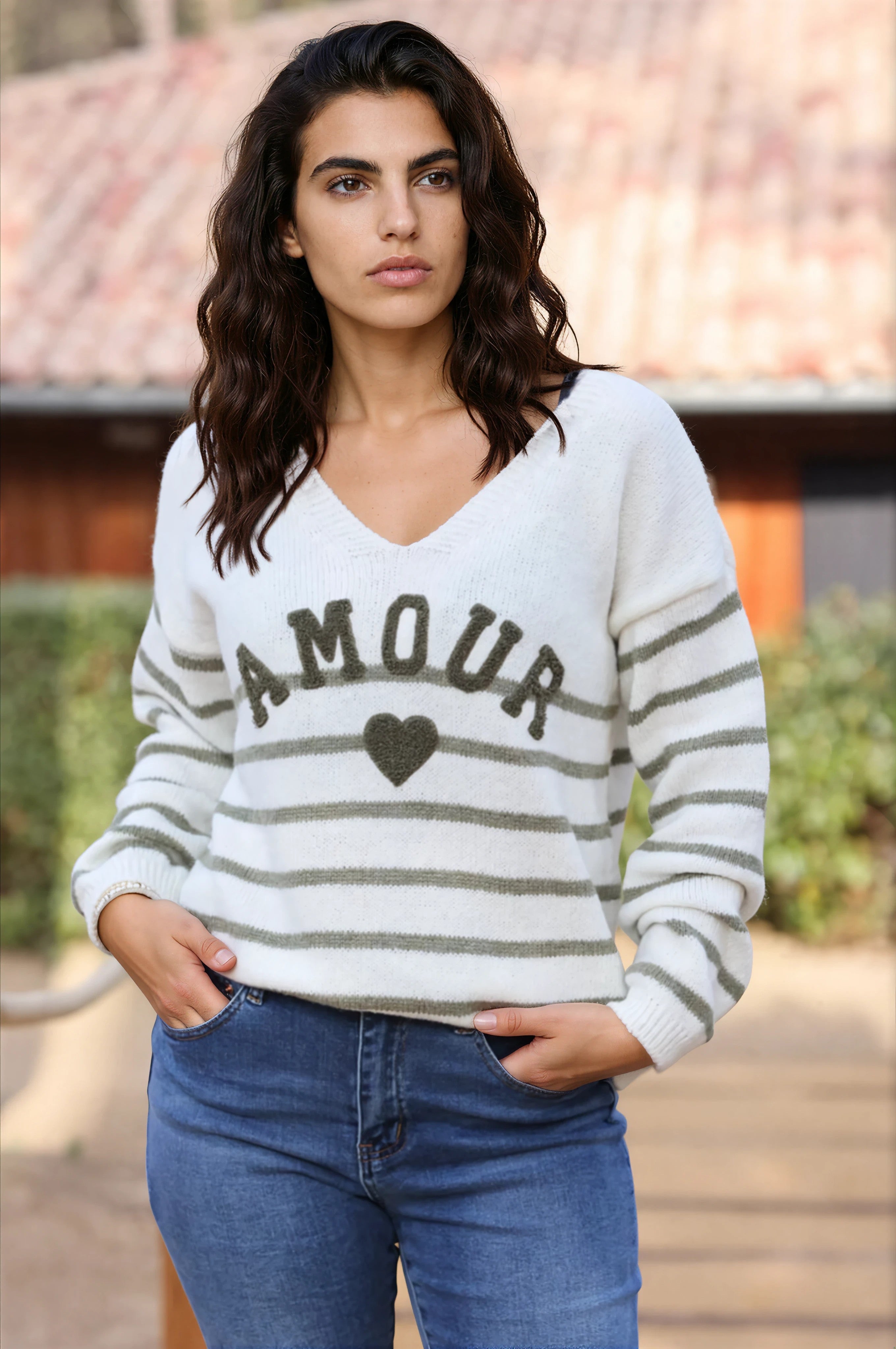 Off white and khaki striped sweater with amour in boucle