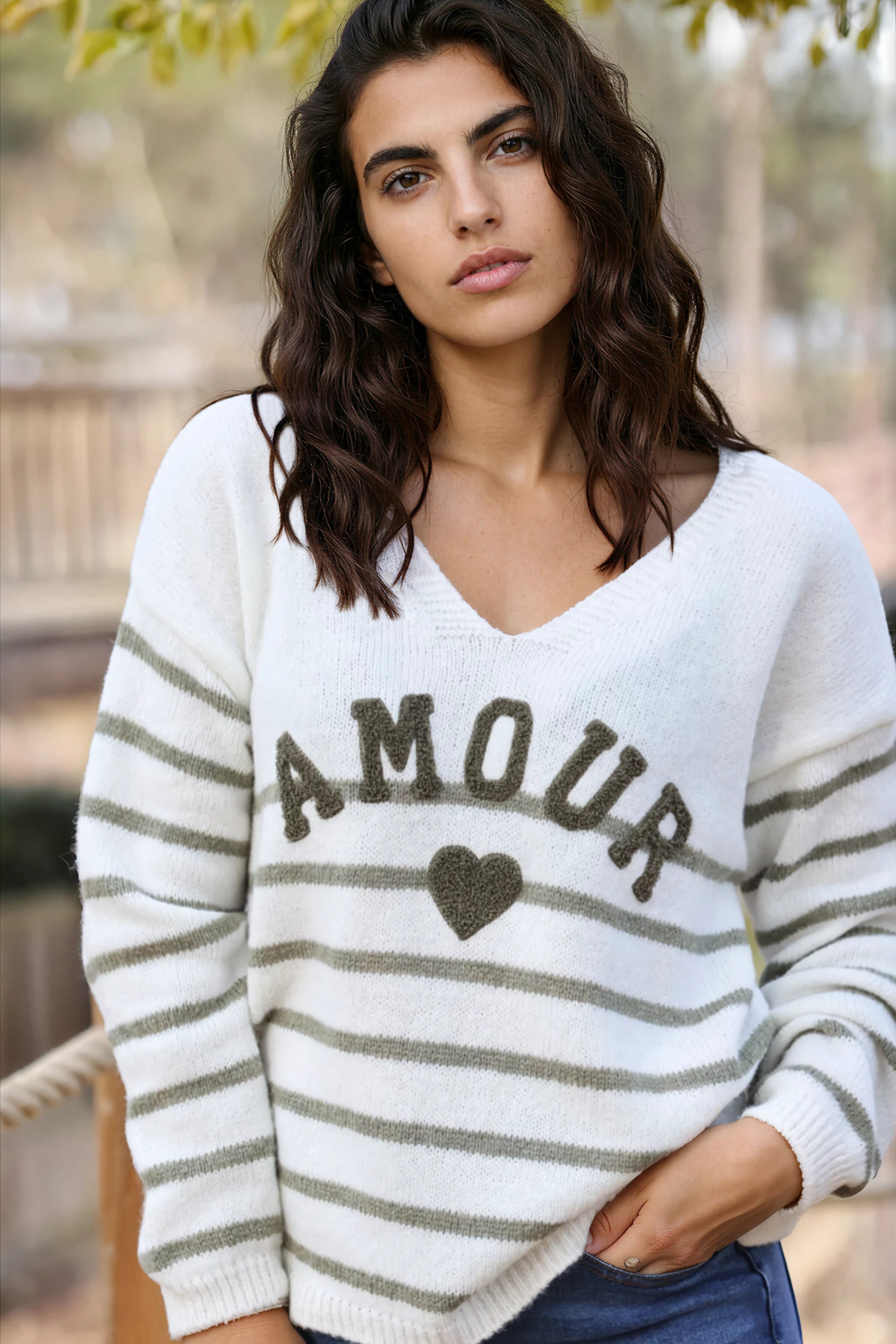 Off white and khaki striped sweater with amour in boucle
