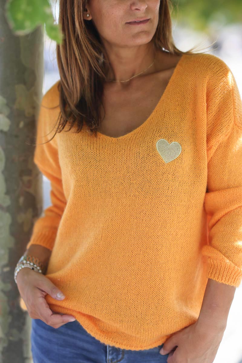 Pull en maille coeur brode dore orange G301 (1)