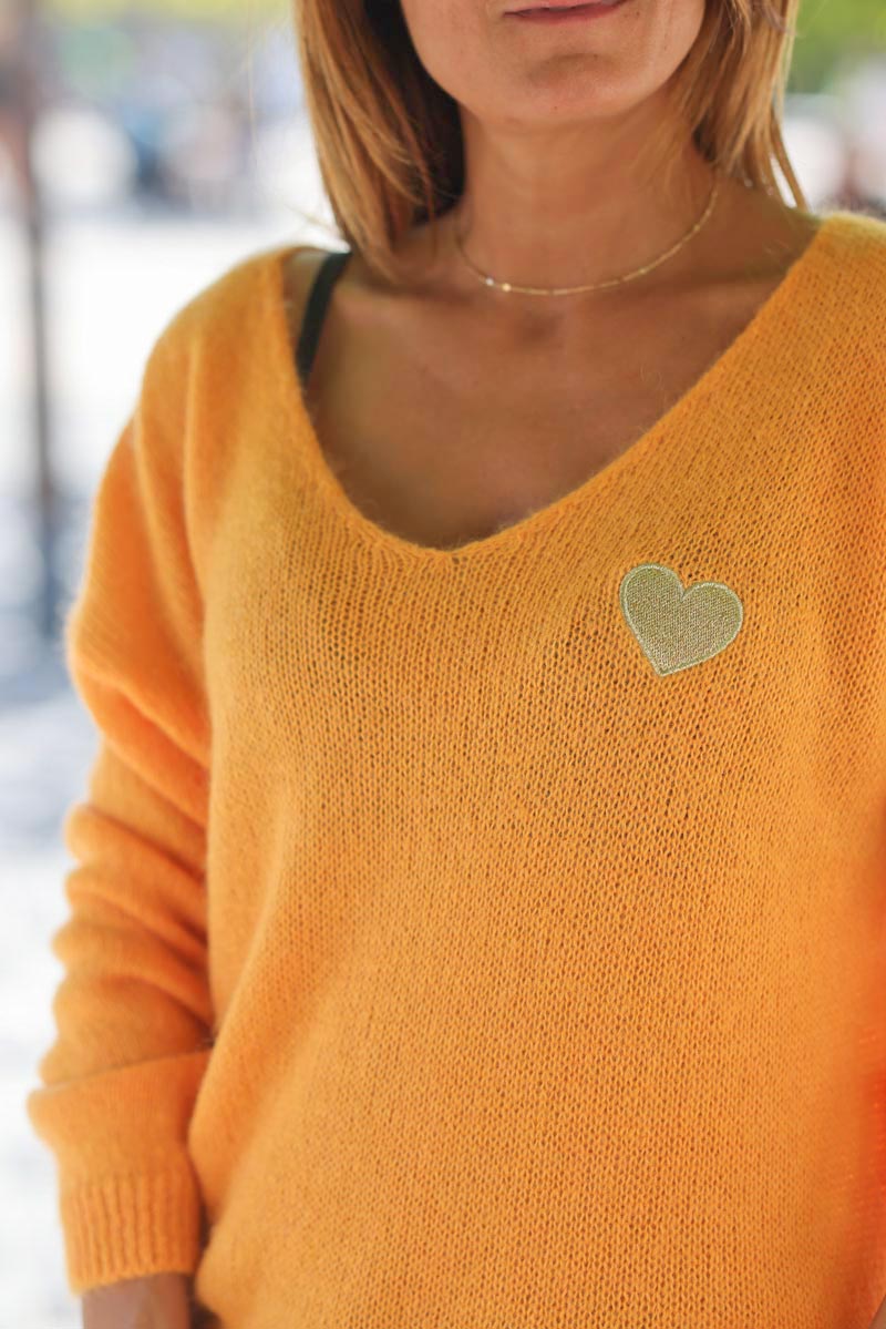 Pull en maille coeur brode dore orange G301 (1)