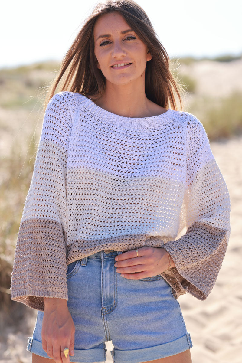 Pull en maille coton ajourée trio rayures blanche écrue et beige