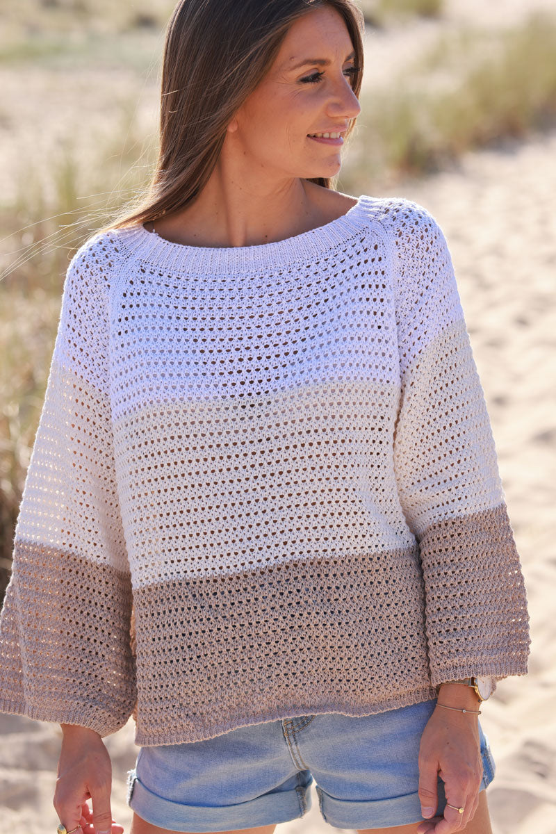 Pull en maille coton ajourée trio rayures blanche écrue et beige