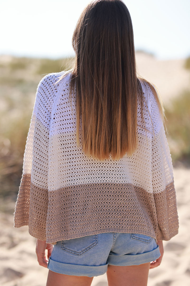 Pull en maille coton ajourée trio rayures blanche écrue et beige