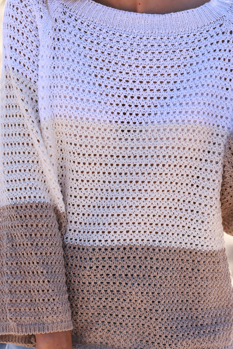 Pull en maille coton ajourée trio rayures blanche écrue et beige
