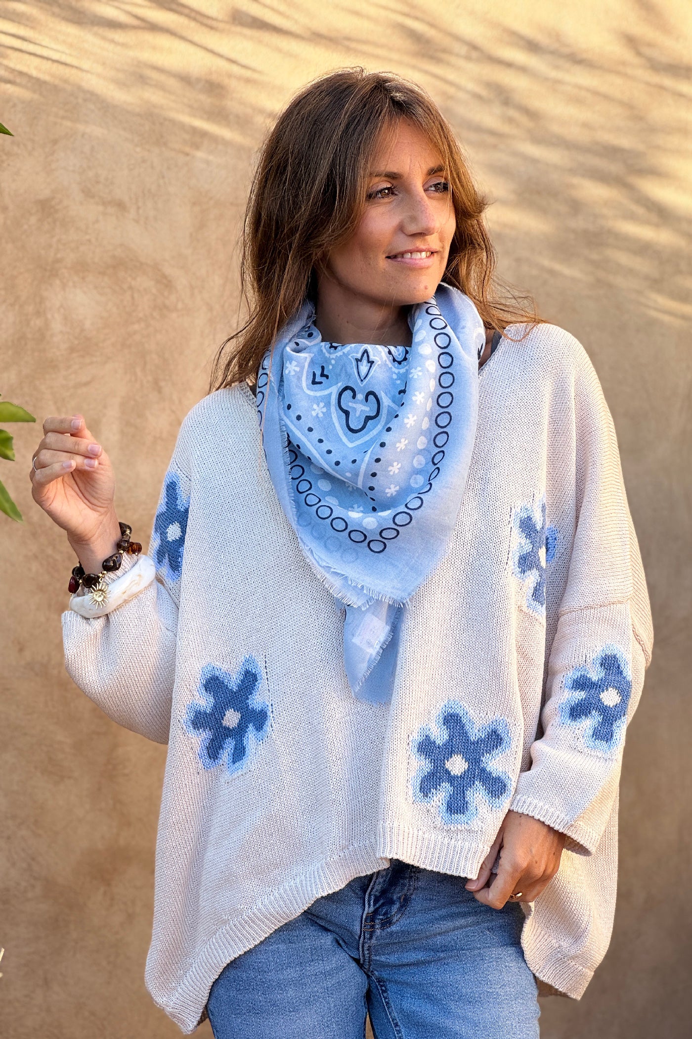 Beige Floral Applique V-Neck Sweater