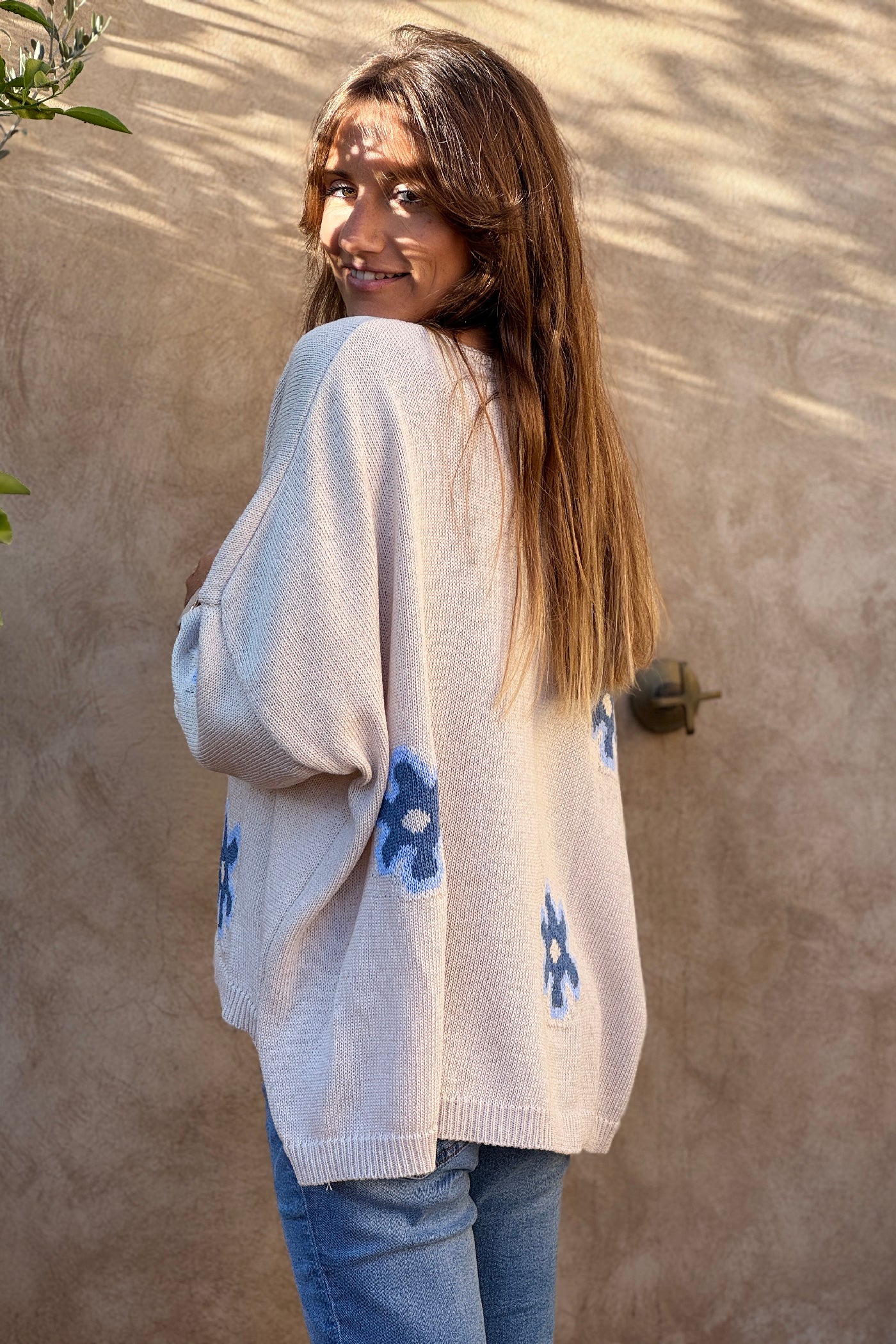 Beige Floral Applique V-Neck Sweater