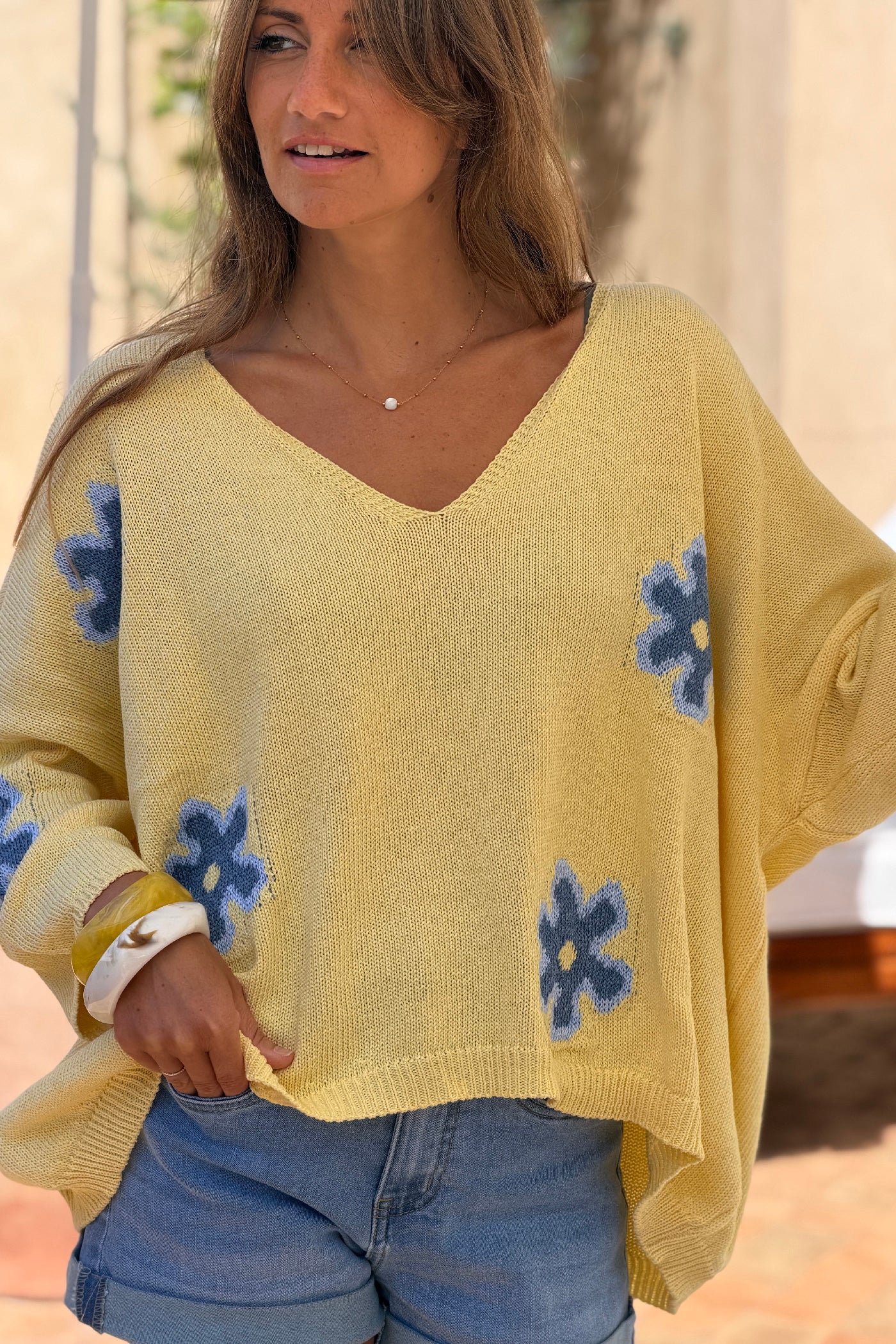 Butter Yellow Floral Applique V-Neck Sweater