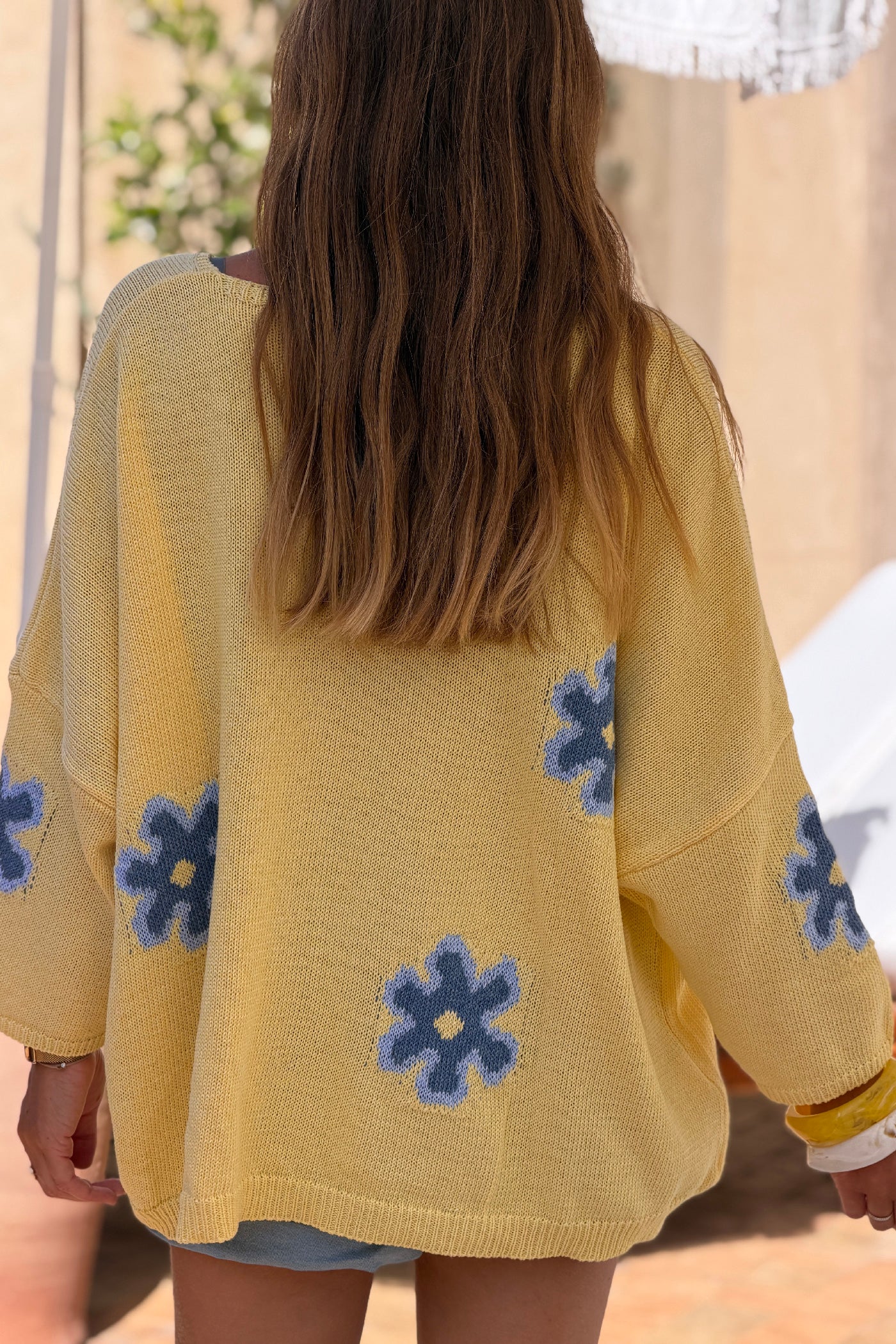 Butter Yellow Floral Applique V-Neck Sweater