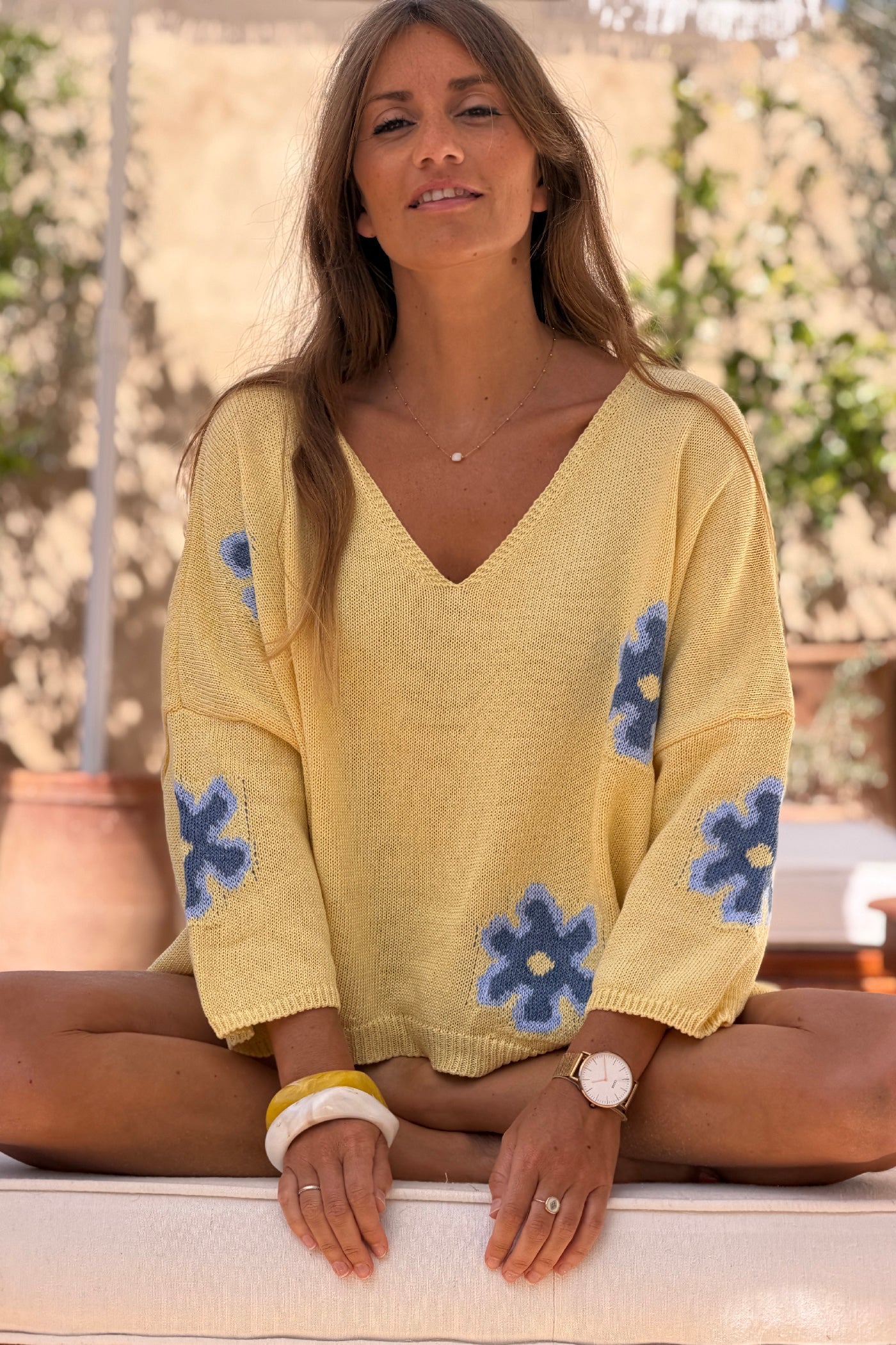 Butter Yellow Floral Applique V-Neck Sweater