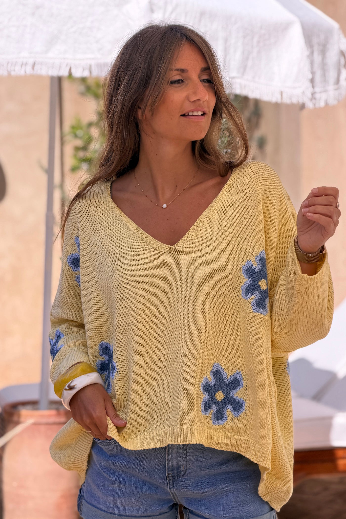 Butter Yellow Floral Applique V-Neck Sweater