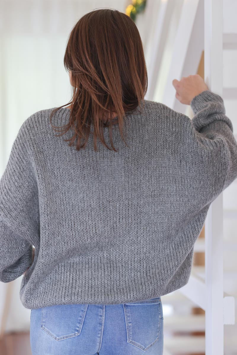 Pull en maille mohair gris delave resserre a la taille e366 (1)