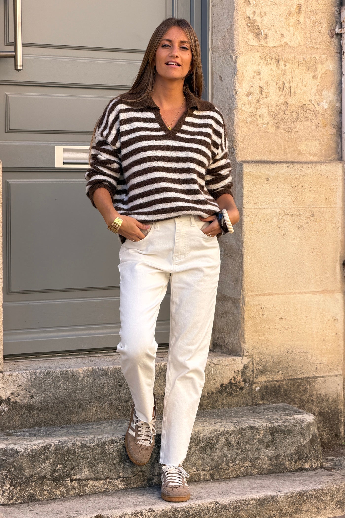 Pull en maille rayures marron chocolat col polo
