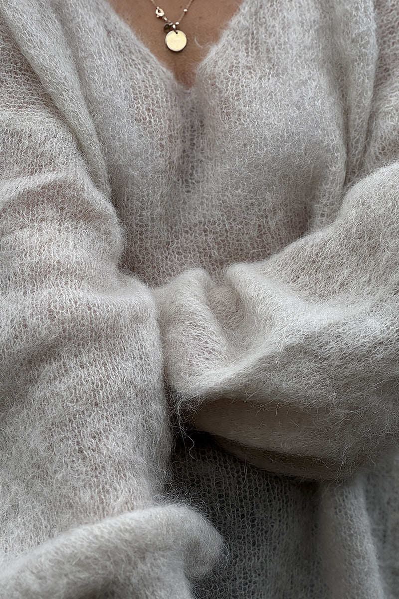 Cream Mohair Knit V-Neck Sweater