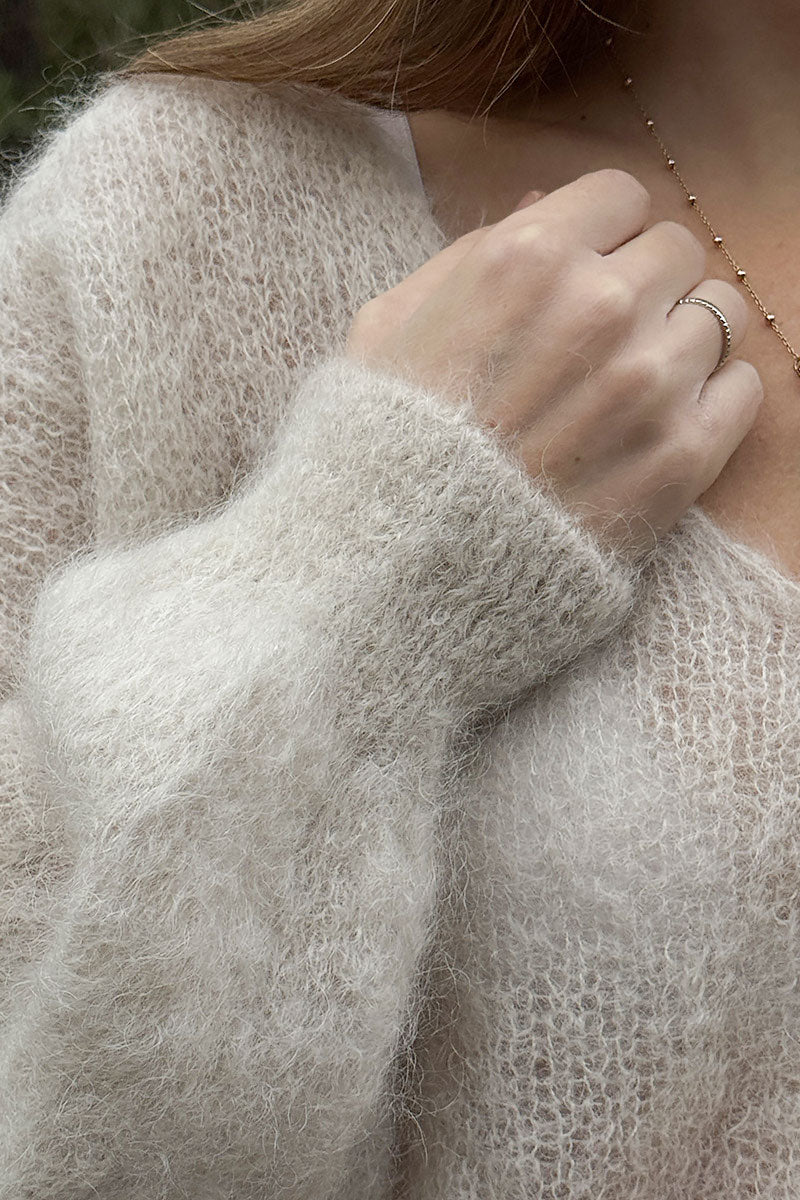 Cream Mohair Knit V-Neck Sweater