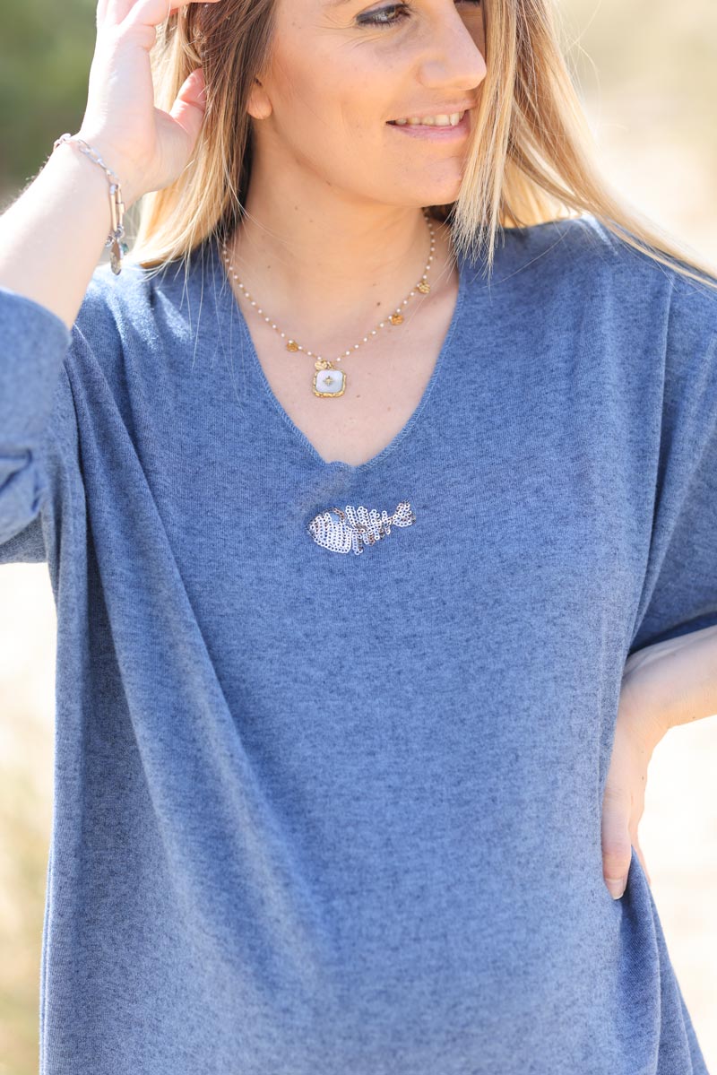 Pull fin doux poisson sequins bleu marine d177 (1)