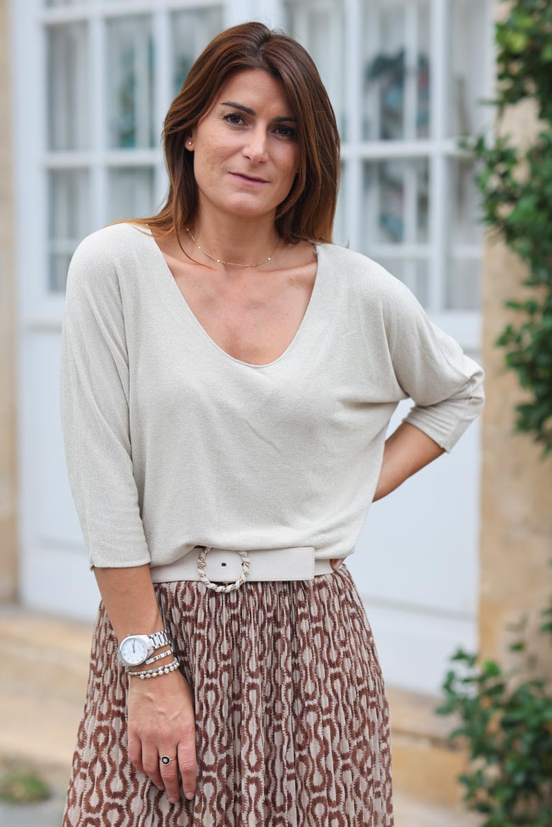 Pull fin jersey beige manches chauve souris maille lurex dore g348 (1)