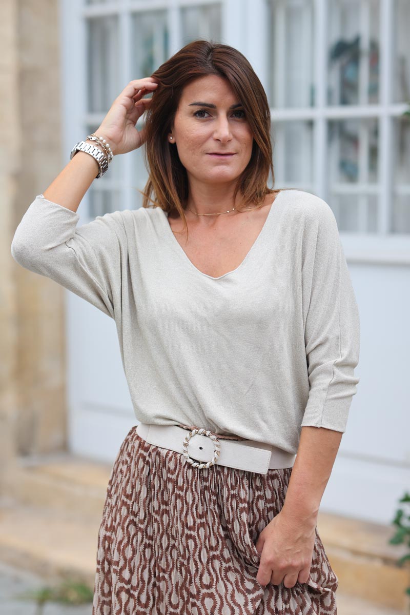 Pull fin jersey beige manches chauve souris maille lurex dore g348 (1)