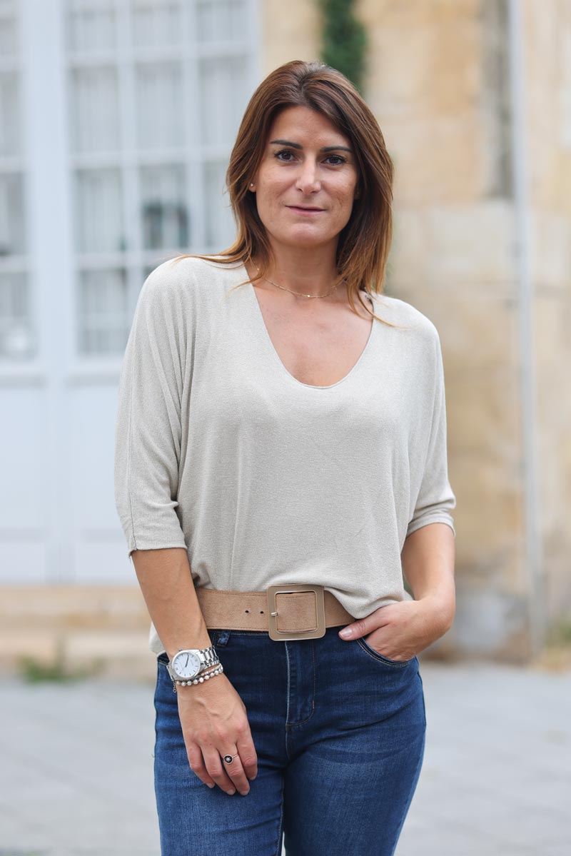 Pull fin jersey beige manches chauve souris maille lurex dore g348 (1)