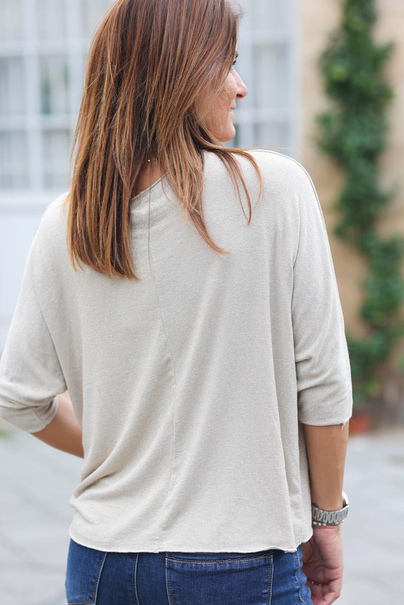 Pull fin jersey beige manches chauve souris maille lurex dore g348 (1)