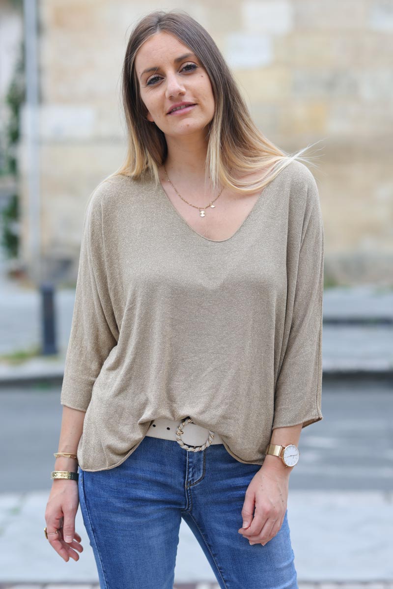 Pull fin jersey camel manches chauve souris maille lurex dore g348 (1)