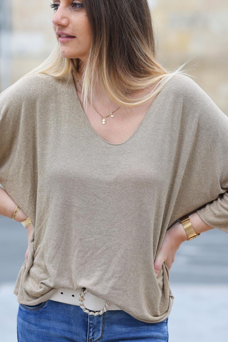 Pull fin jersey camel manches chauve souris maille lurex dore g348 (1)