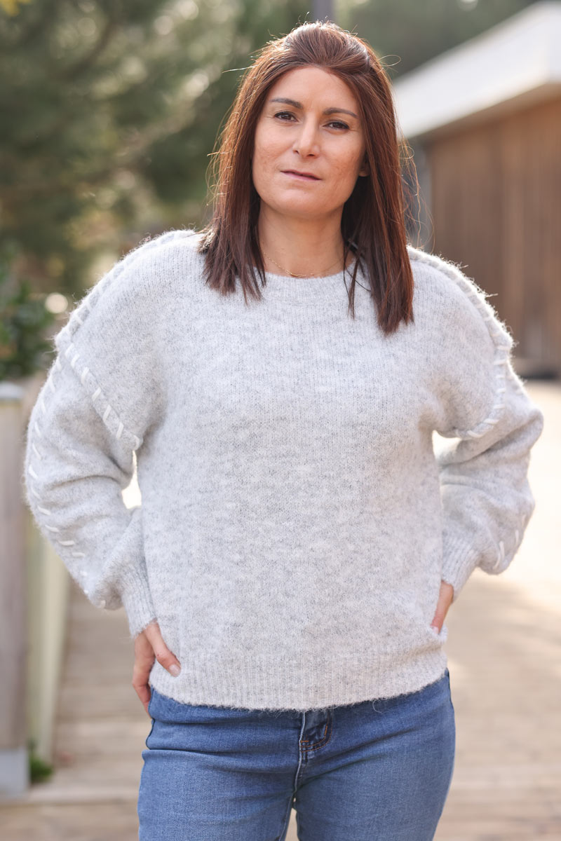Chunky soft knit sweater in heather grey with inside out stitch detail