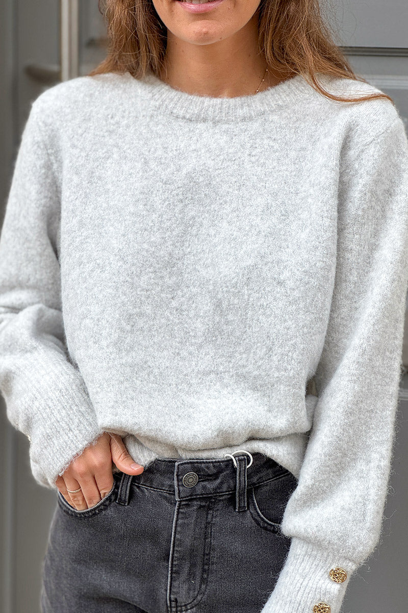 Gray Wool Blend Sweater with Gold Button Cuffs