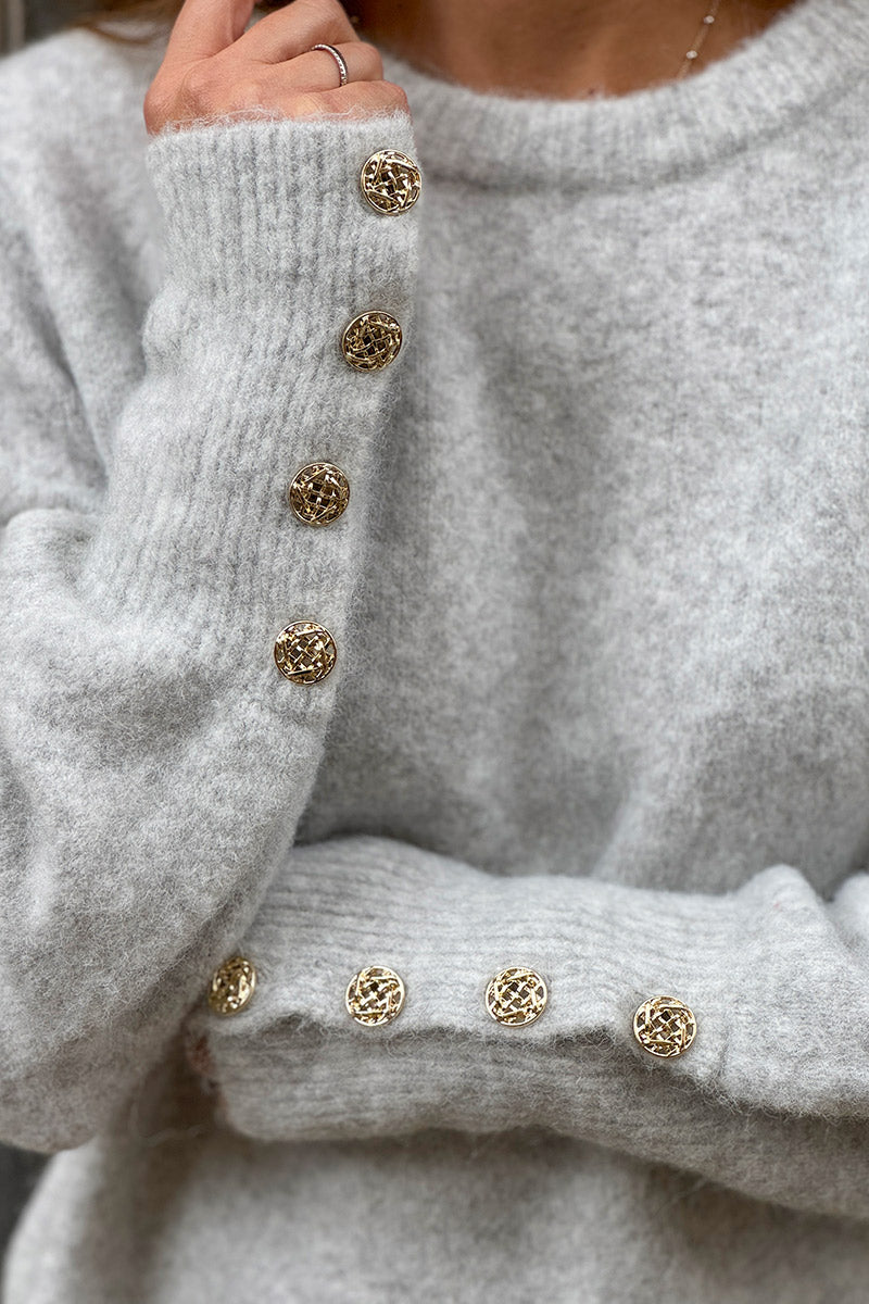 Gray Wool Blend Sweater with Gold Button Cuffs