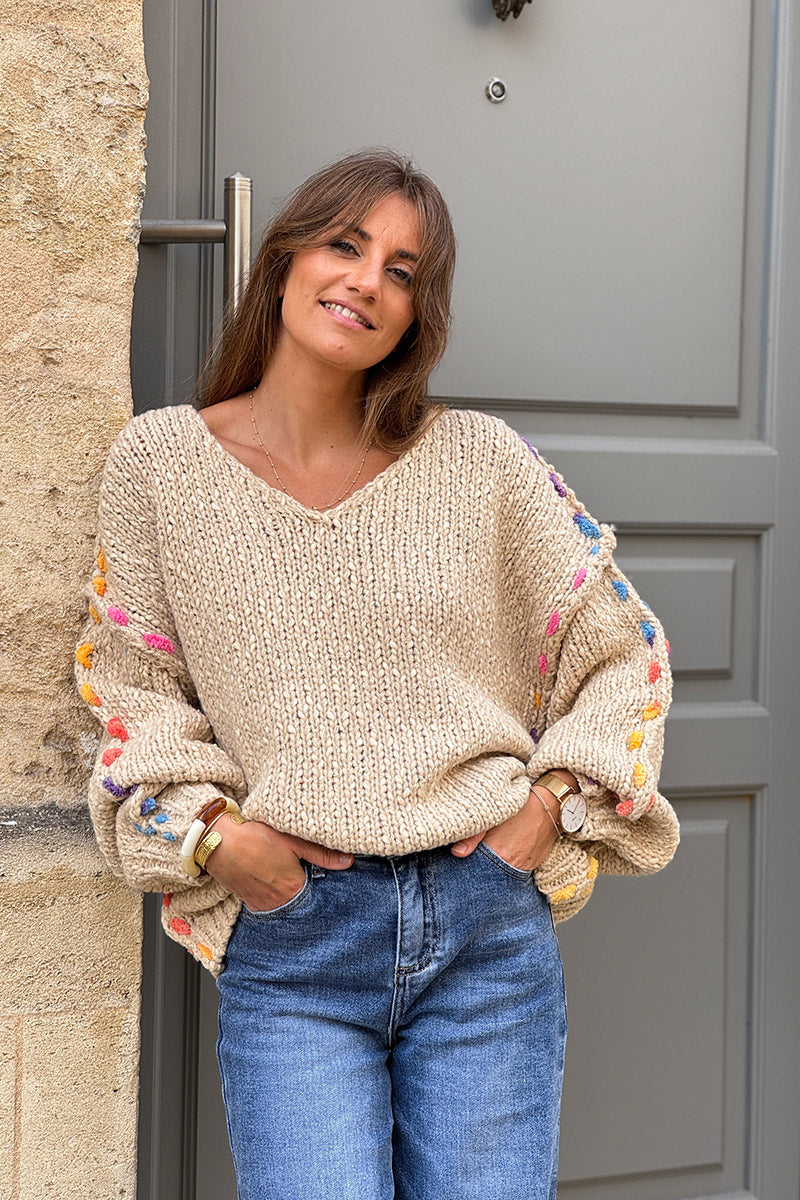 Beige Rainbow Yarn Trim Sweater
