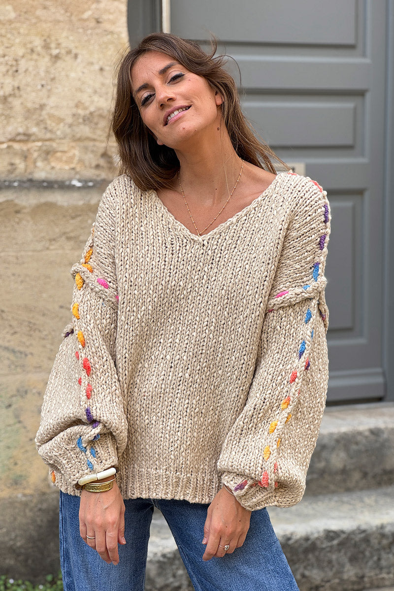 Beige Rainbow Yarn Trim Sweater