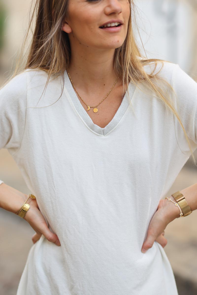 Pull jersey blanc casse tout doux col v brillant H314 (1)