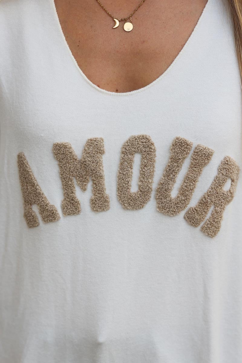 Pull jersey blanc casse tout doux et large broderie amour eponge g056 (1)